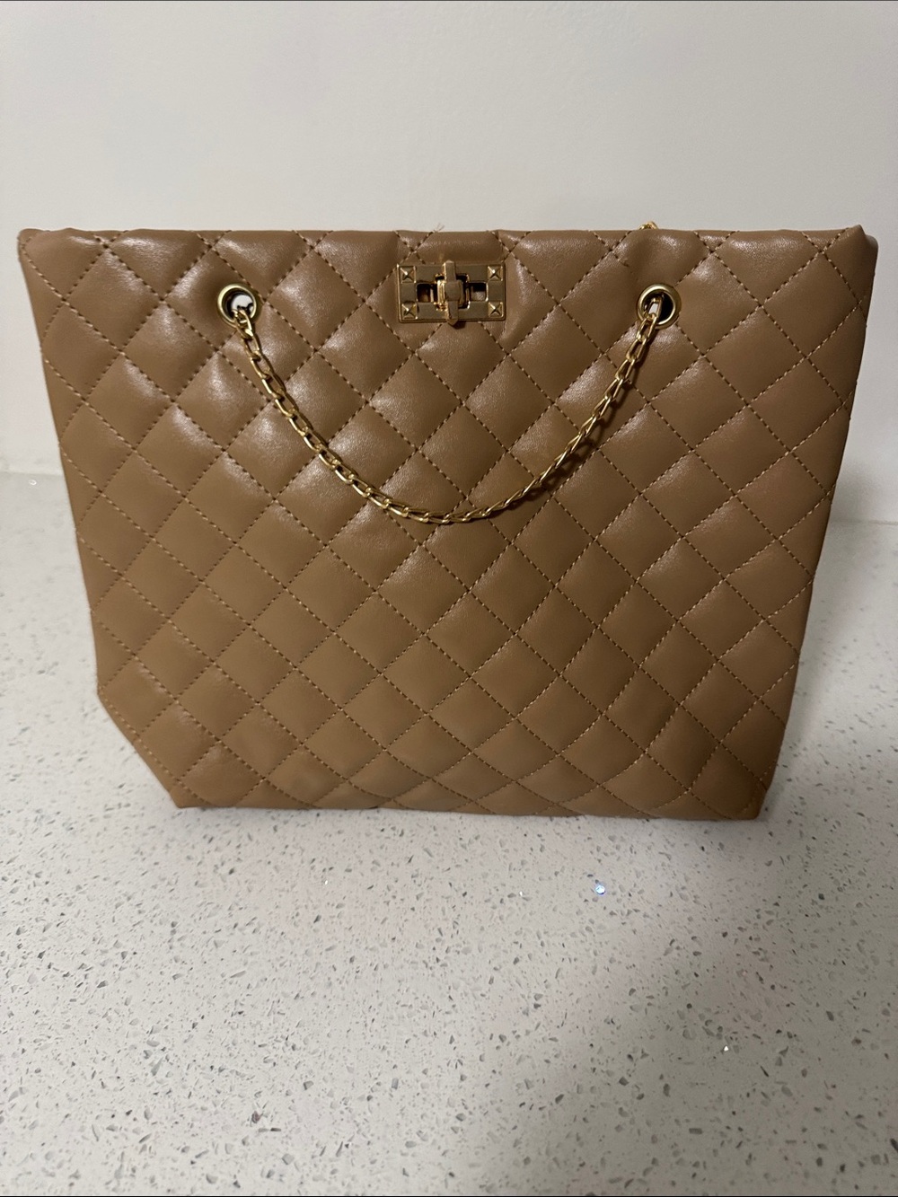 Quilted Chain-Handle Tote Bag - Tan